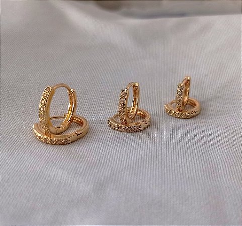Trio de Argolas Cravejadas com Zircônia Banhado em Ouro 18k Antialérgico
