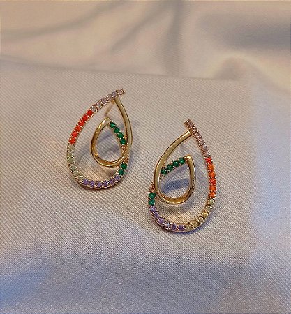 Brinco Gota com Zirconia Colorida Banhado Ouro 18k Antialergico