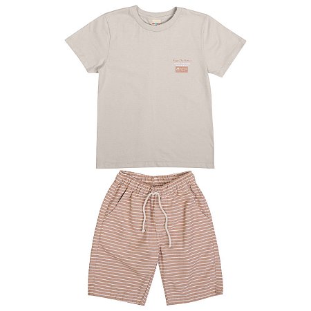 Conjunto Enjoy Camiseta Meia Malha Bege Bermuda Tecido Eco