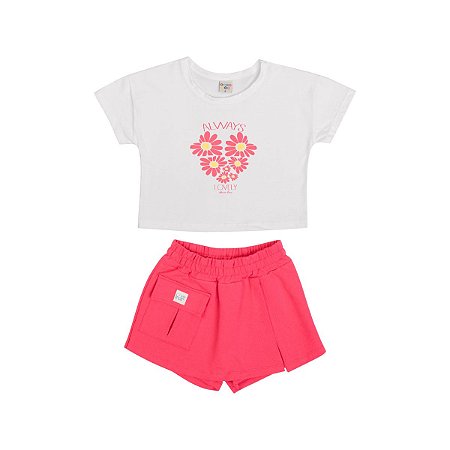 Conjunto Flor Coração Blusa Meia Malha Shorts Saia Molecotton Rosa
