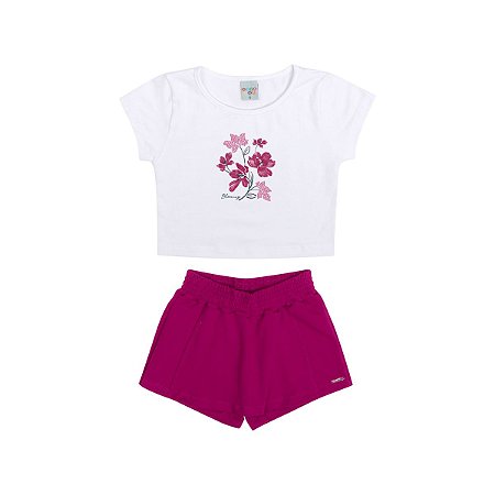 Conjunto Jardim Encantado Blusa Cotton Branca Shorts Saia Molecotton
