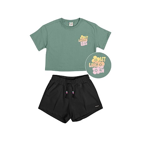 Conjunto Love Blusa Meia Malha Verde Shorts Molecotton