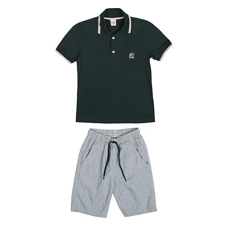 Conjunto Onda Polo Meia Malha Verde Bermuda Tecido Eco