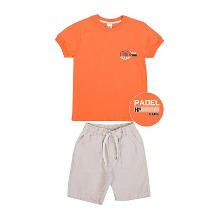 Conjunto Padel Camiseta Meia Malha Laranja Bermuda Tecido Eco