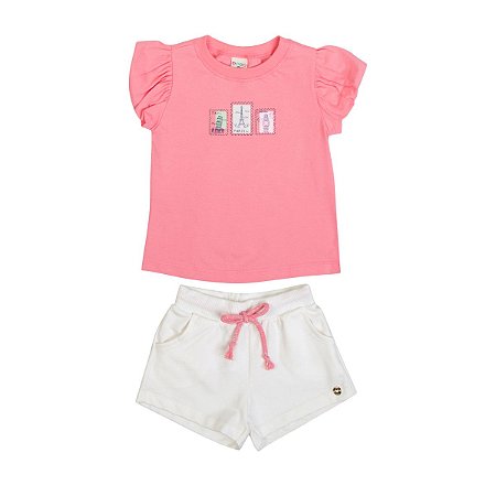 Conjunto Paris Postcard Blusa Meia Malha Rosa Shorts Moletim
