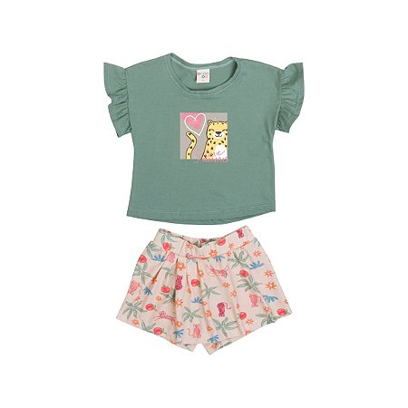 Conjunto Selva Blusa Meia Malha Verde Shorts Saia Cotton Digital