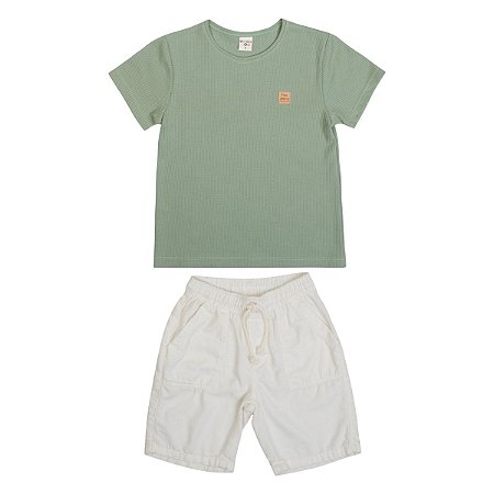 Conjunto Vintage Camiseta Malha Waffle Verde Bermuda Sarja