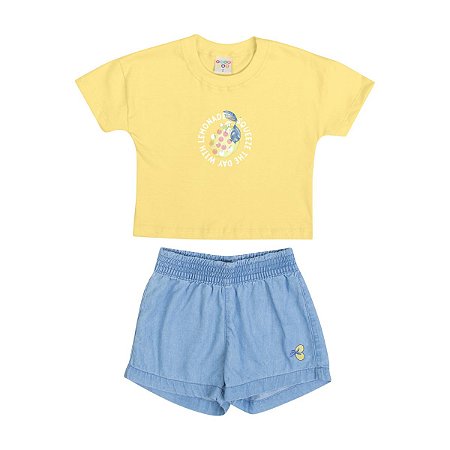 Conjunto Lemon Blusa Meia Malha Amarela Shorts Jeans