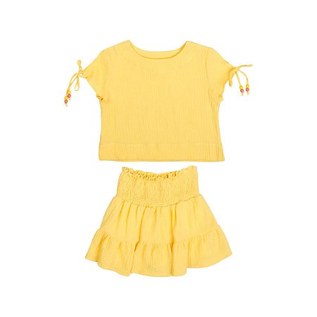 Conjunto Miçangas Blusa e Saia Tecido Fralda Shorts Cotton Amarelo