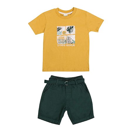 Conjunto Wild Camiseta Meia Malha Amarela Bermuda Sarja