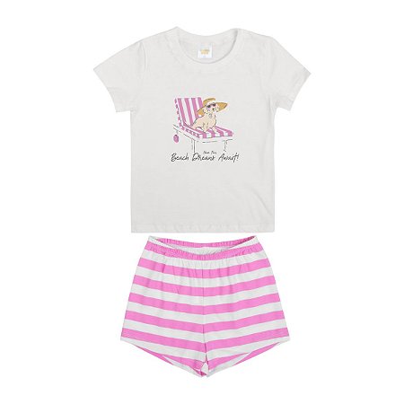 Pijama Beachy Dreams Blusa e Shorts Meia Malha Off White