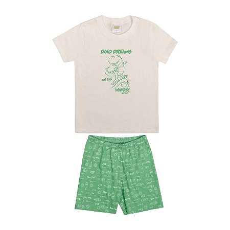 Pijama Dino Dreams Camiseta e Bermuda Meia Malha Bege