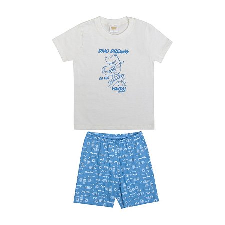 Pijama Dino Dreams Camiseta e Bermuda Meia Malha Off White