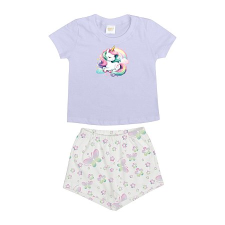 Pijama Rainbow Unicorn Blusa Lilás e Shorts