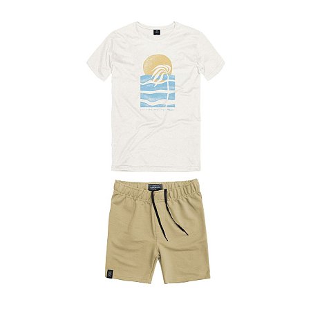 Conjunto Bermuda Moletom e Camiseta Ondas Off White