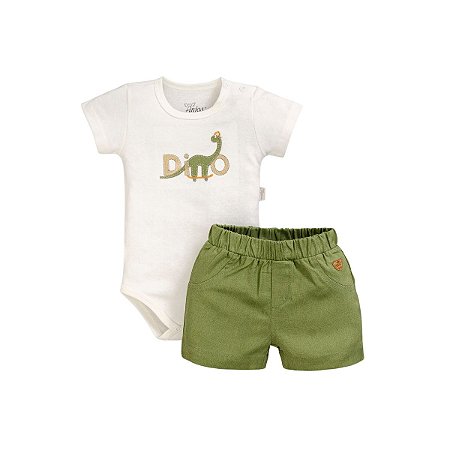 Conjunto Body Dino Manga Curta Shorts Viscolinho Masculino Verde