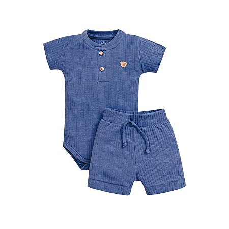 Conjunto Body Manga Curta Shorts Canelado Azul