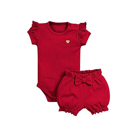 Conjunto Body Manga Curta Shorts Canelado Vermelho