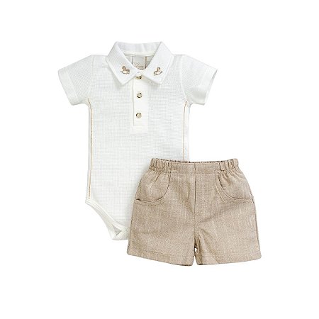 Conjunto Body Manga Curta Shorts Viscolinho Masculino Bege