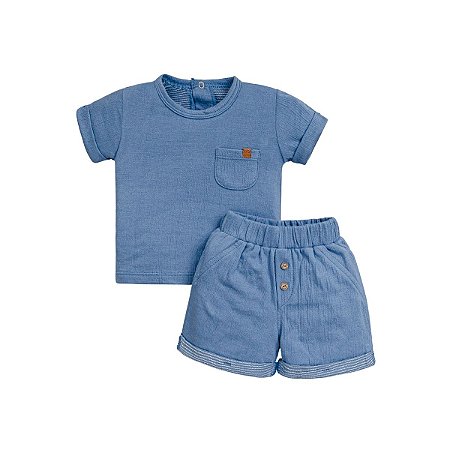 Conjunto Camiseta Manga Curta Shorts Malha Anarruga Azul