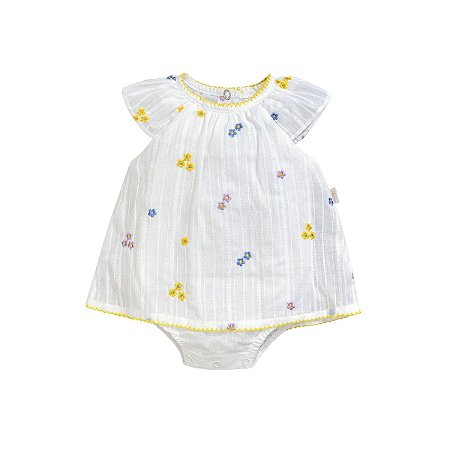 Vestido com Body Embutido Curto Voil Maquinetado Branco