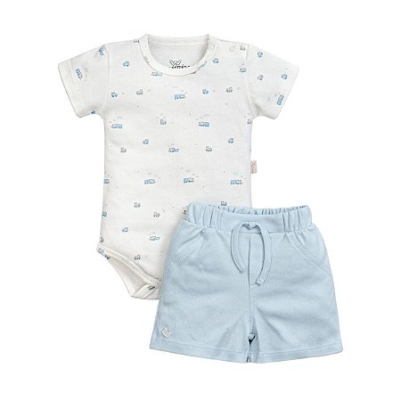 Conjunto Body Estampado Trenzinho Shorts Suedine Pima Azul