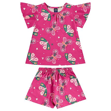 Conjunto Blusa Manga Curta e Short em Meia Malha Rosa