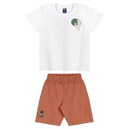 Conjunto Camiseta Malha Branca e Bermuda Moletom Marrom