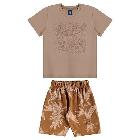 Conjunto Camiseta Malha e Bermuda Moletom Caqui