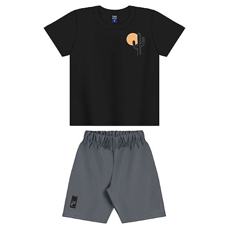 Conjunto Camiseta Malha Preta e Bermuda Moletom Cinza