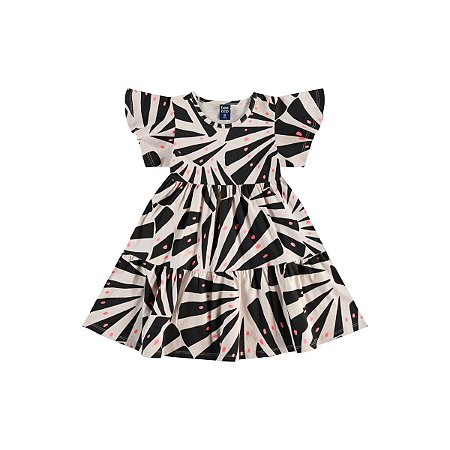 Vestido Manga Curta em Cotton Estampado Preto