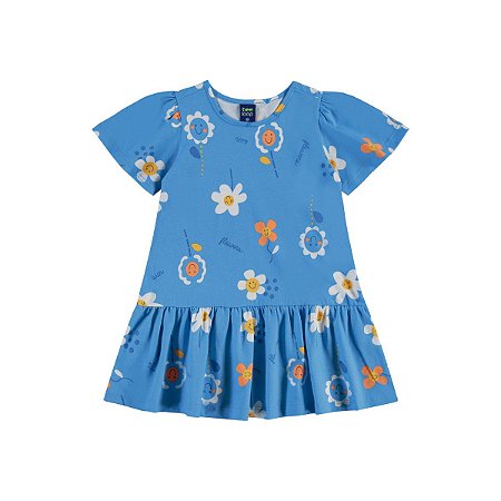 Vestido Manga Curta em Meia Malha Floral Azul