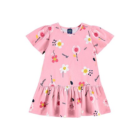 Vestido Manga Curta em Meia Malha Floral Rosa