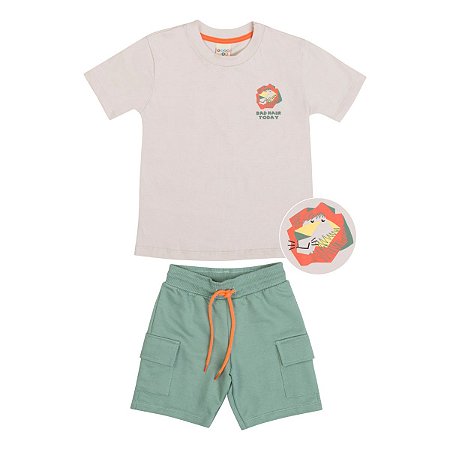 Conjunto Bad Hair Camiseta Bege Meia Malha Bermuda Moletom