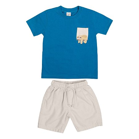 Conjunto Bolso Divertido Camiseta Meia Malha Azul Bermuda Sarja