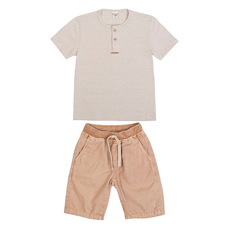 Conjunto Fun Camiseta Bege Malha Jaquard Eco Bermuda Sarja