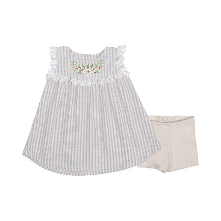 Vestido Flor do Campo Listrado Bege com Shorts Cotton