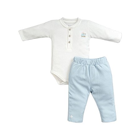 Conjunto Body Bordado Trenzinho Calça Suedine Pima Azul