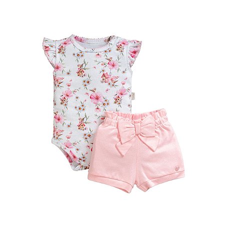 Conjunto Body Estampado Shorts Suedine Rosa