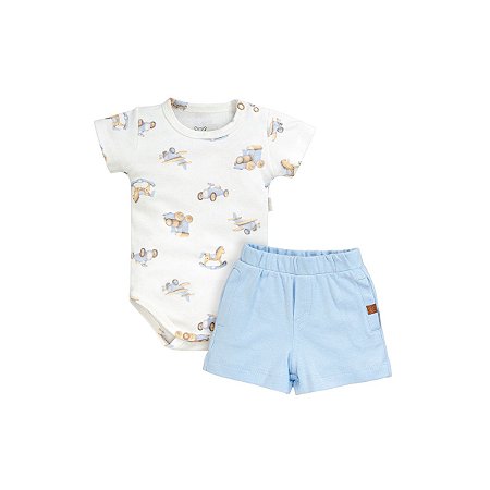 Conjunto Body Manga Curta Shorts Suedine Azul