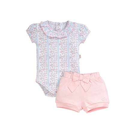 Conjunto Body Manga Curta Shorts Suedine Rosa