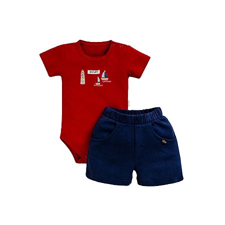 Conjunto Body Manga Curta Shorts Suedine Vermelho