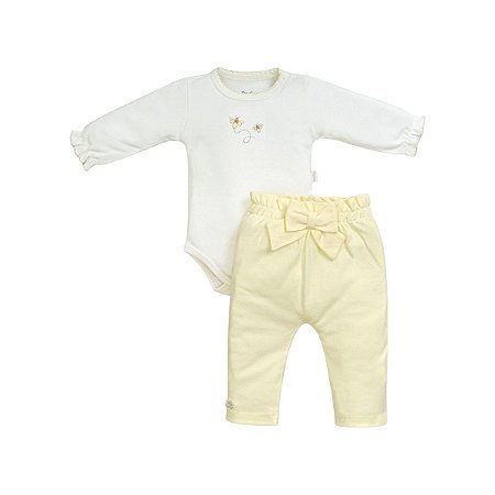 Conjunto Body Manga Longa Bordado com Calça Suedine Pima Amarelo