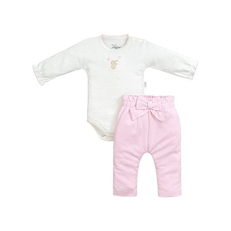 Conjunto Body Manga Longa Bordado com Calça Suedine Pima Rosa Bebê