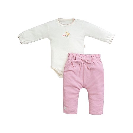 Conjunto Body Manga Longa Bordado com Calça Suedine Pima Rosê