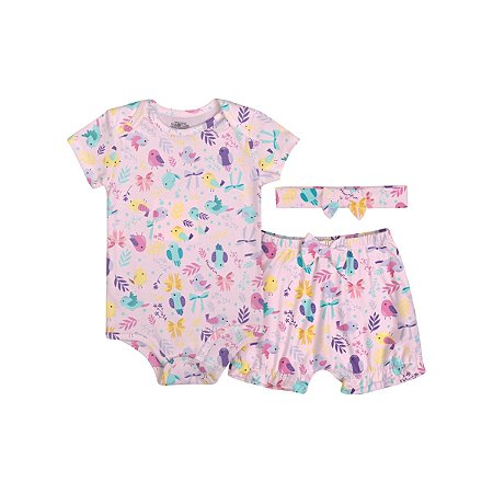 Conjunto Spring Birds Body, Shorts e Faixa Malha Térmica Rosa Bailarina