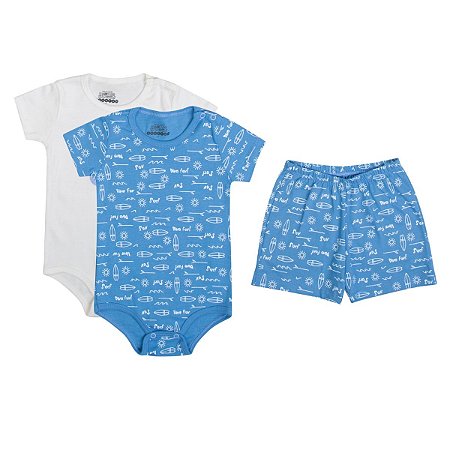 Kit 3 Peças Dino Surfer Body Ribana Azul Bermuda Meia Malha