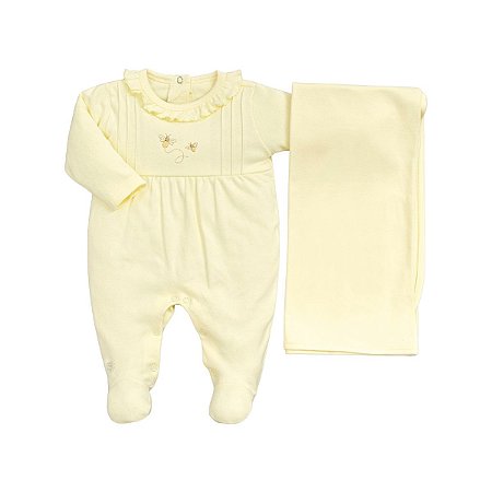 Kit Macacão Longo Bordado com Manta Suedine Pima Amarelo