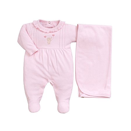 Kit Macacão Longo Bordado com Manta Suedine Pima Rosa Bebê
