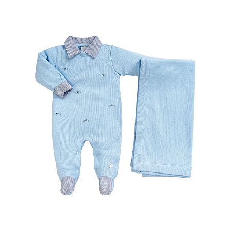 Kit Macacão Longo com Manta Malha Tricot Azul